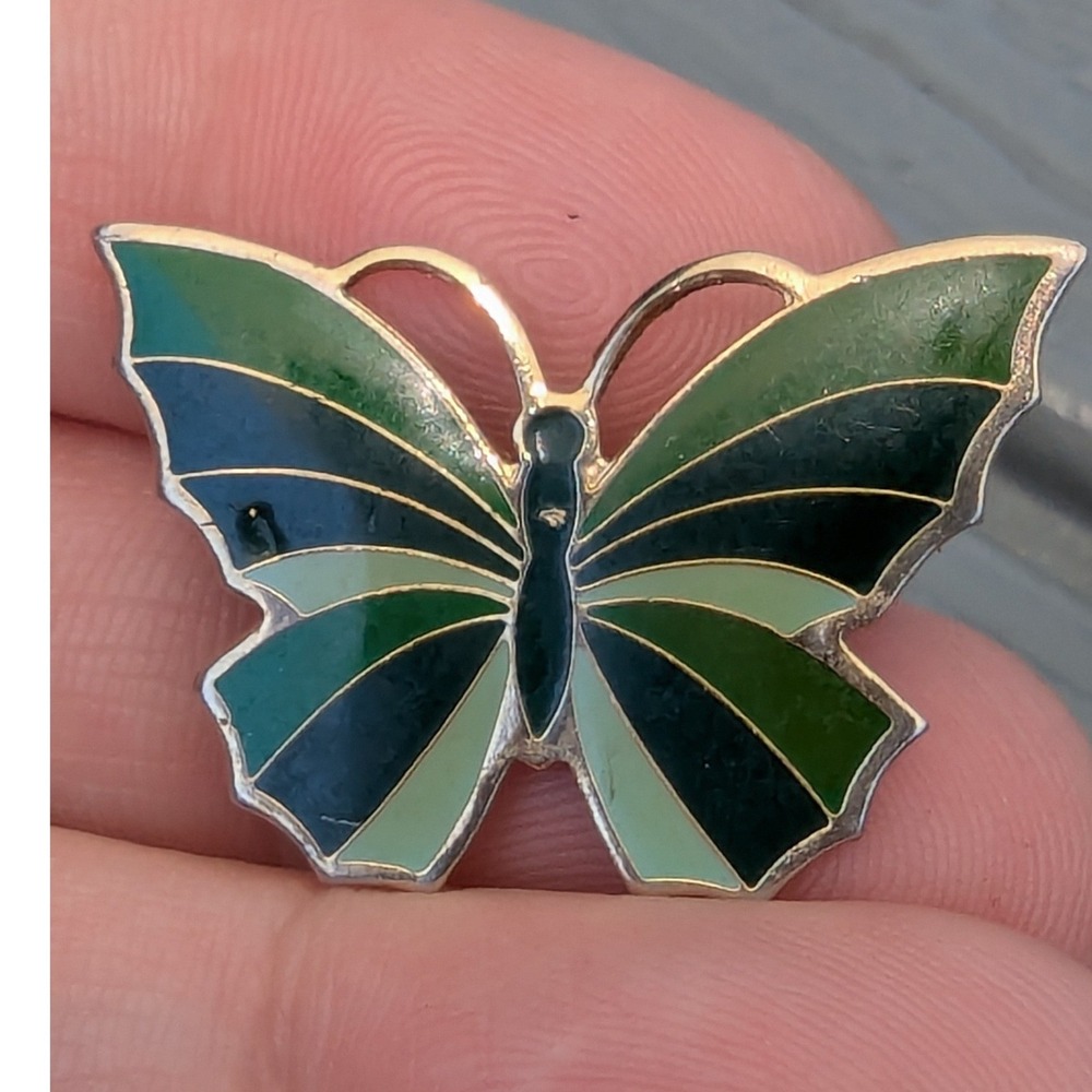 Vintage Style Green Enamel Butterfly Brooch Gold Tone Statement Pin Whimsical